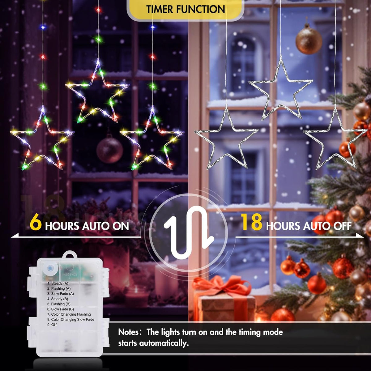 Christmas Window Lights, Color Changing 60LED 3 Stars Christmas Curtain Lights with Timer and 8 Mode, Battery Operated Xmas Star Lights Indoor Outdoor for Bedroom Wall