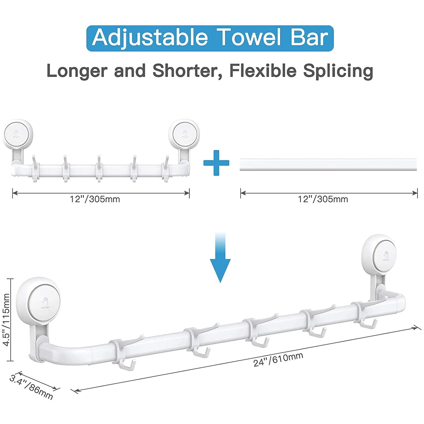 Aship Suction Cup Towel Bar, 24'' Adjustable Bathroom Towel Holder, No-Drill Removable Towel Rack with 5 Sliding Shower Hooks, Towel Racks for Bathroom, Bath Sponges, Loofahs, Suction Towel Rod