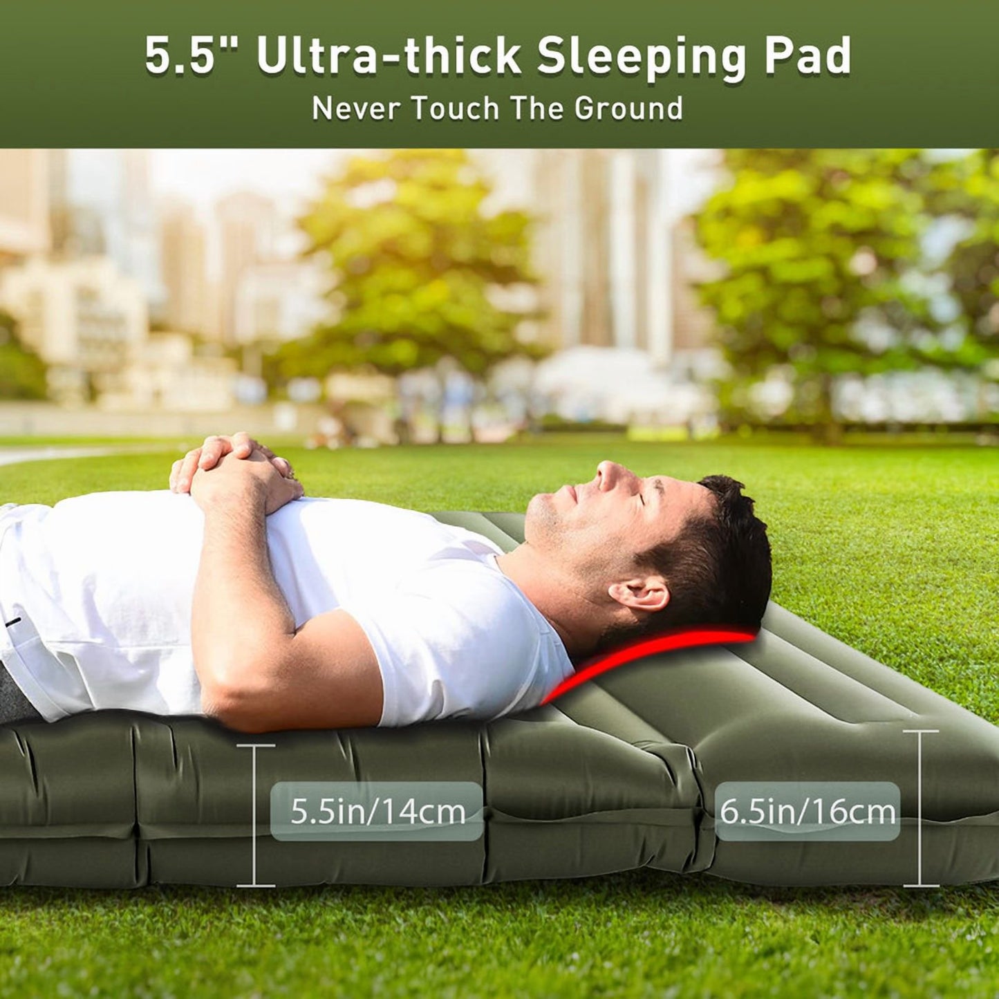 Aship 5.5" Thick Double Sleeping Pad, Inflatable Double Sleeping Mat Camping with Foot Pump & Pillow, 800 lbs Camping Mattress for Backpacking, Hiking, Traveling, Tent, 40D Nylon + TPU Coating, Green