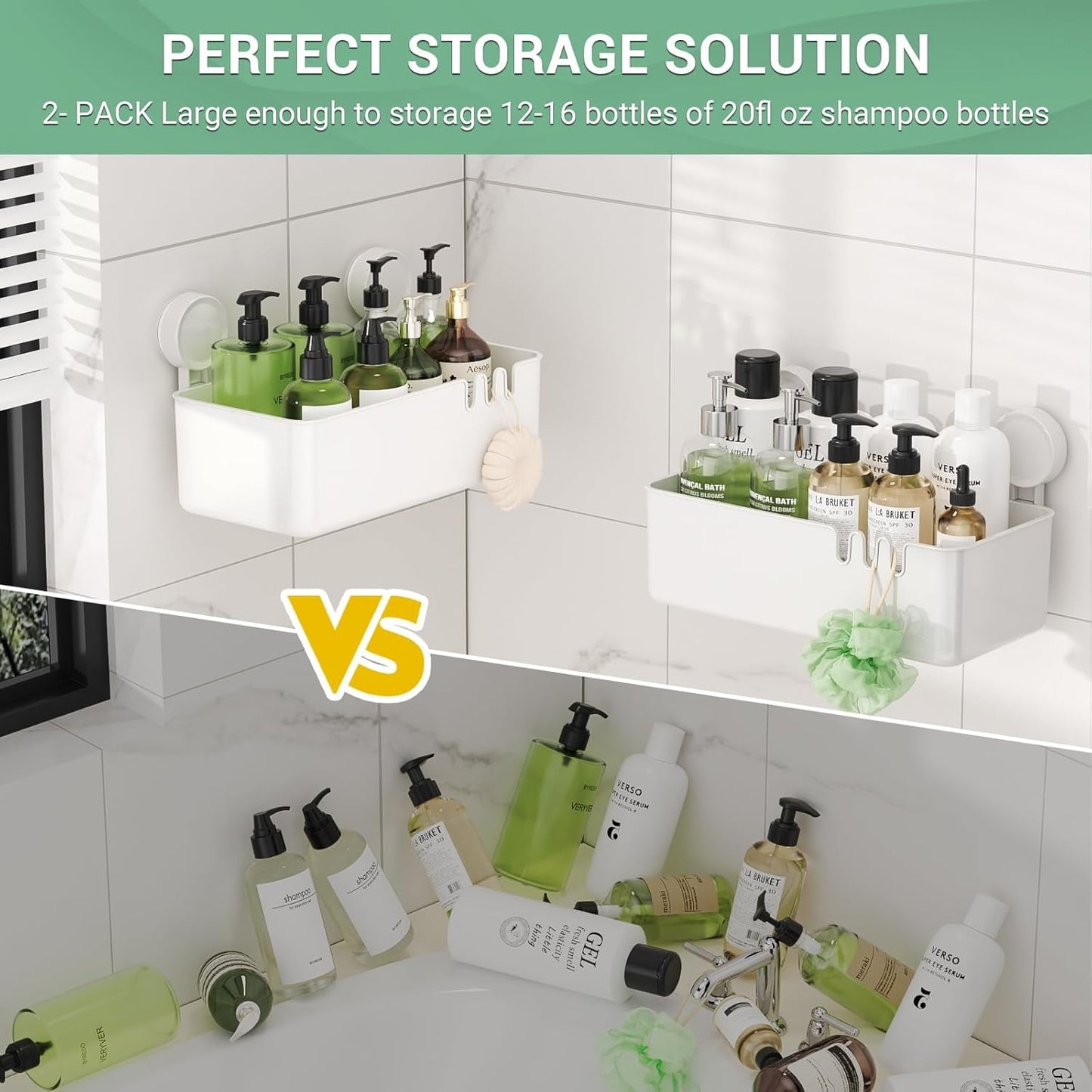 Shower Caddy 2 Pack, Aship Suction Cup Shower Caddy, No-Drill Removable Shower Organizer with Hook Slots, 22 lbs Heavy Duty Shower Shelf, Waterproof Bathroom Kitchen Shower Storage, White
