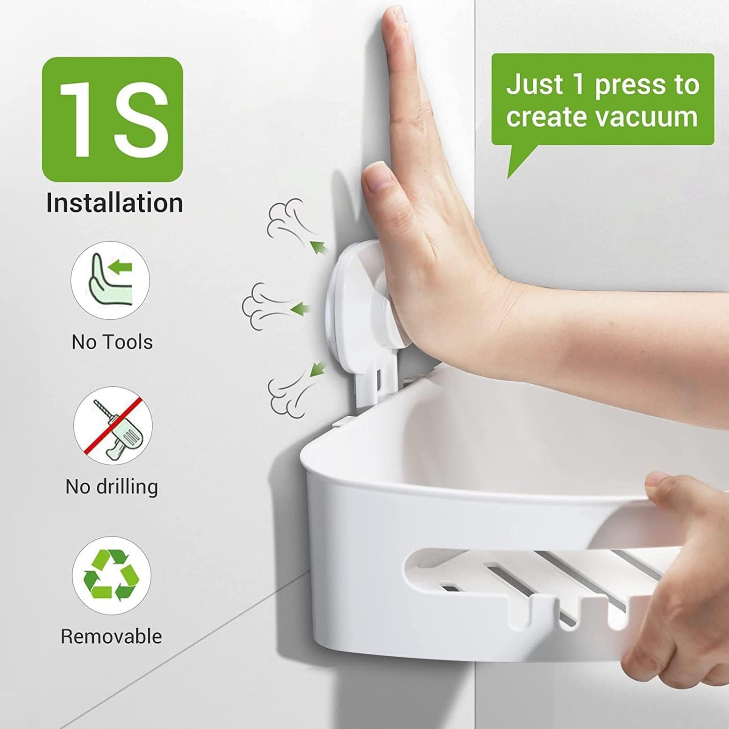 Aship Suction Cup Corner Shower Caddy, No-Drill Removable Shower Organizer with Hook Slots, 22 lbs Heavy Duty Shower Corner Caddy, Waterproof Suction Shower Shelf for Bathroom Kitchen Wall, White
