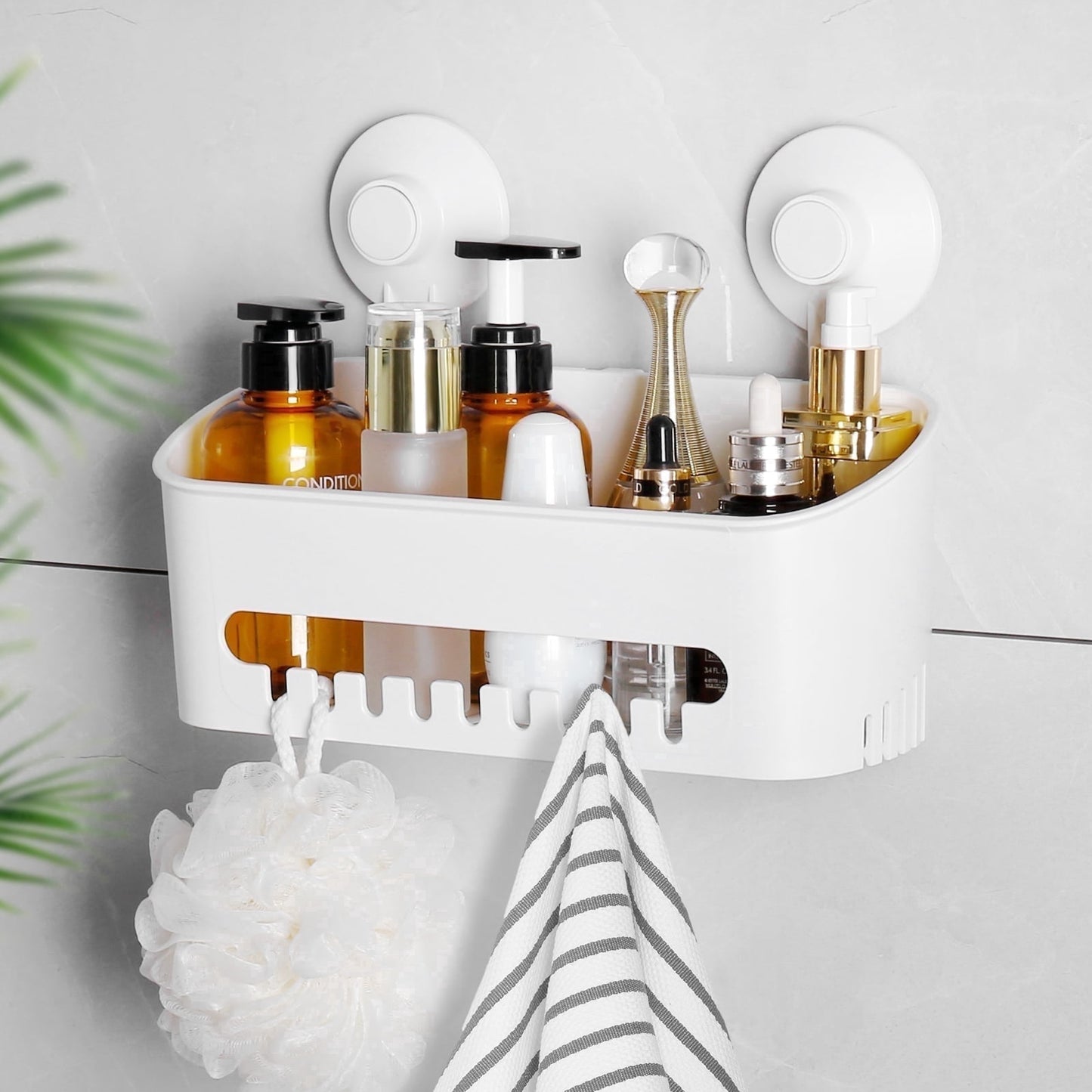 Aship Suction Cup Shower Caddy, TPE Colloid Adhesive Shower Organizer with Fence Hooks, 44 lbs Extra Heavy Duty Shower Caddy, No-Drill Waterproof Shower Shelf for Bathroom Kitchen Wall, White