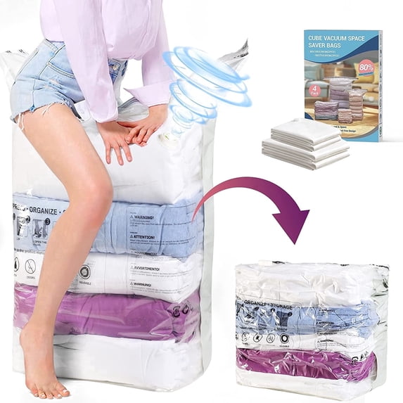 Aship Cube Vacuum Storage Bags, 4 pack Space Saver Bags Combo (2 Jumbo + 2 Medium), Large Capacity Vacuum Seal Bags for Clothing Pillows Comforters Quilts Blankets, Cube Storage Bags for Closet