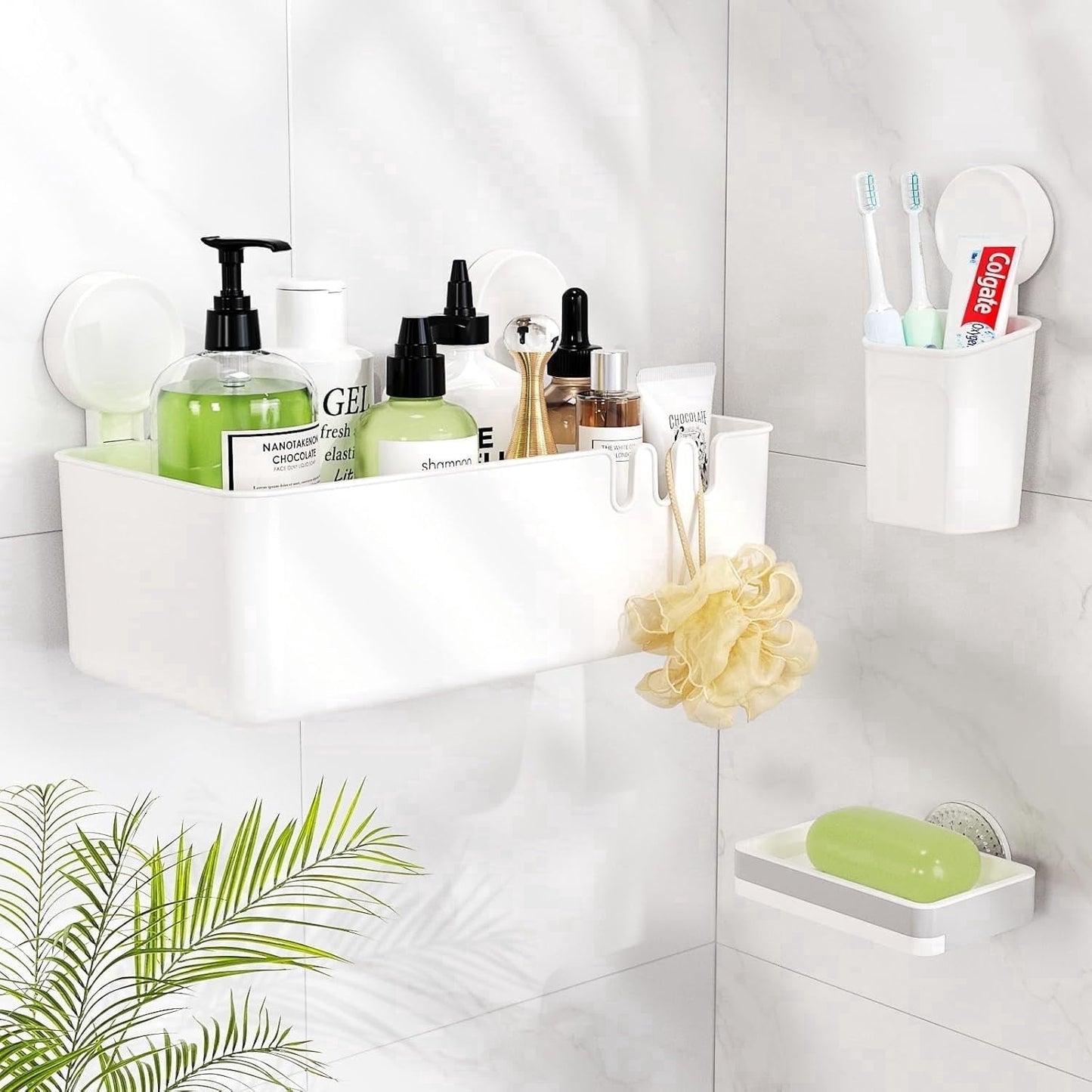 Aship Shower Caddy Set, No-Drill Removable Suction Cup Shower Caddy with Toothbrush Holders & Soap Dish, 22lb Heavy Duty Waterproof Shower Organizer for Bathroom Kitchen, 3 Pack Shower Shelf Combo
