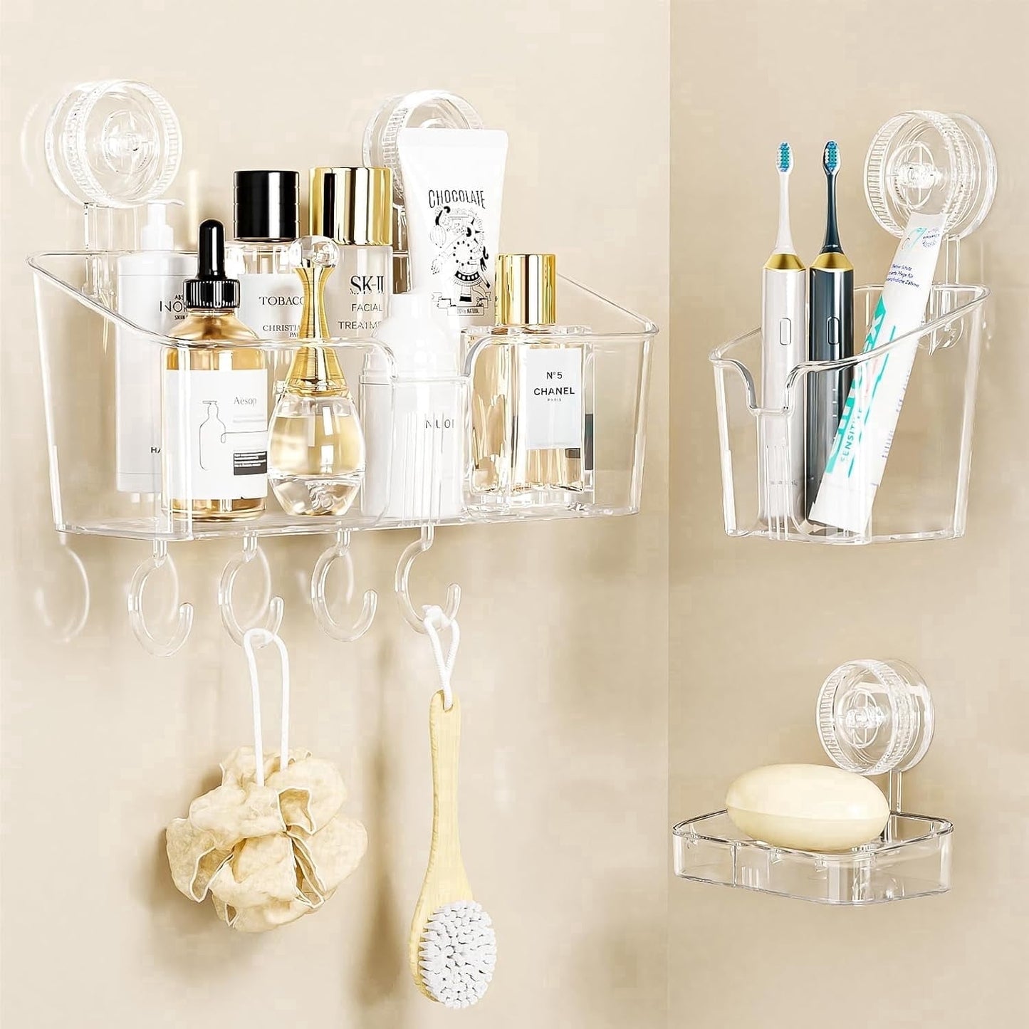 Aship Shower Caddy Set, No-Drill Removable Shower Organizer with Toothbrush Holders & Suction Hooks, 22lb Heavy Duty Waterproof Suction Cup Shower Caddy for Bathroom Kitchen, Clear, 3 Pack Combo