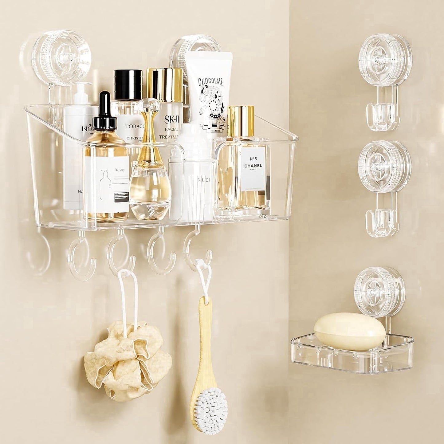 Aship Shower Caddy Set, No-Drill Removable Shower Organizer with Soap Dish & 2 Suction Hooks, 22lb Heavy Duty Waterproof Suction Cup Shower Caddy for Bathroom Kitchen Dresser, Clear, 4 Pack Combo