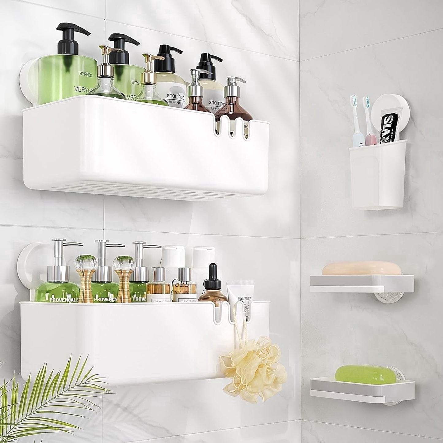 Aship Shower Caddy Set, 2 Pack No-Drill Removable Suction Cup Shower Caddy with Toothbrush Holders & 2 Soap Dishes, 22lb Heavy Duty Waterproof Shower Organizer for Bathroom Kitchen, 5 Pack Combo