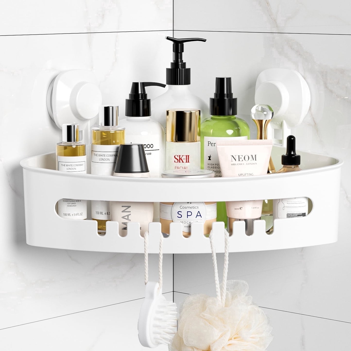 Aship Suction Cup Corner Shower Caddy, No-Drill Removable Shower Organizer with Hook Slots, 22 lbs Heavy Duty Shower Corner Caddy, Waterproof Suction Shower Shelf for Bathroom Kitchen Wall, White