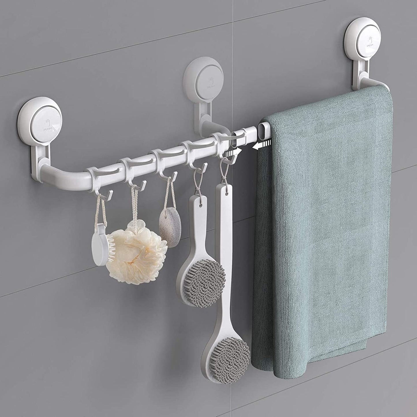 Aship Suction Cup Towel Bar, 24'' Adjustable Bathroom Towel Holder, No-Drill Removable Towel Rack with 5 Sliding Shower Hooks, Towel Racks for Bathroom, Bath Sponges, Loofahs, Suction Towel Rod