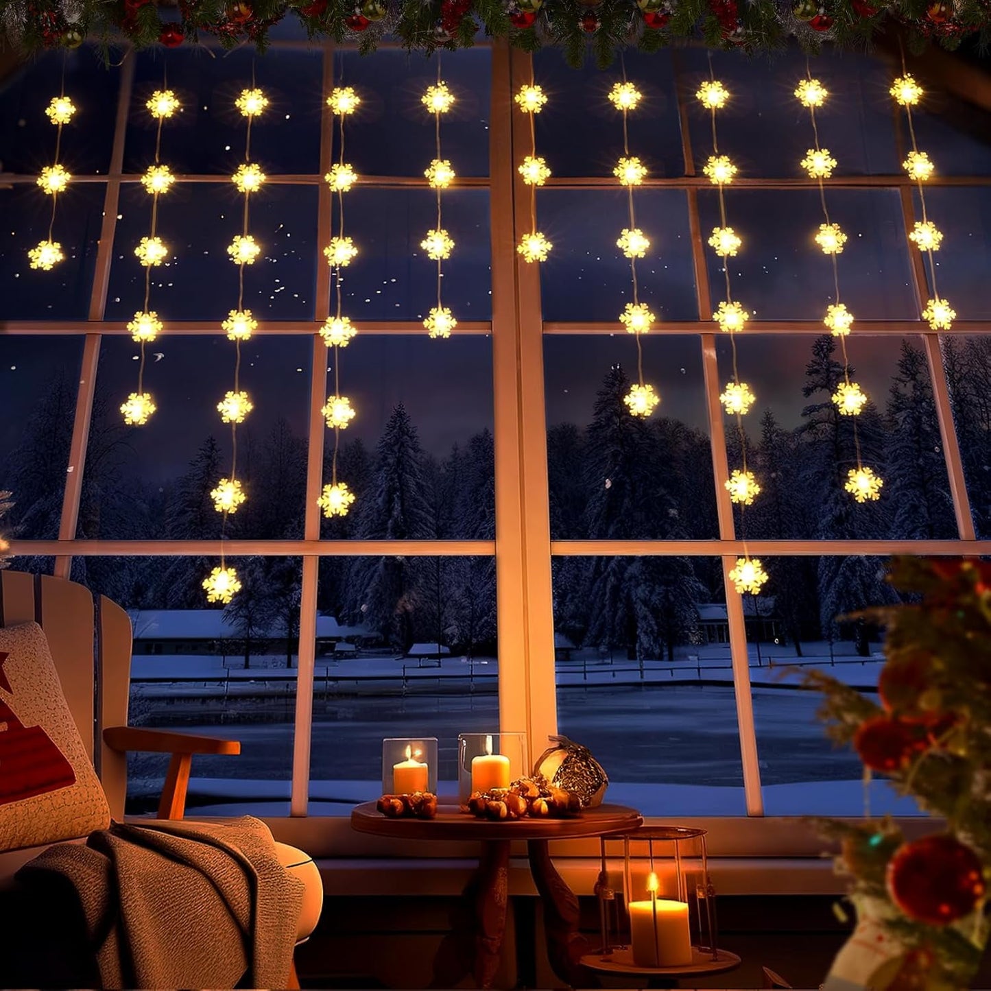 Aship Christmas Window Lights, 50 LEDs 8 Modes with Timer Battery Operated Curtain Lights, Warm White Snowflake Lights for Christmas Indoor & Outdoor Decorations