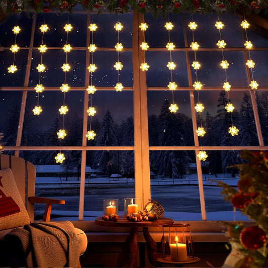 Aship Christmas Window Lights, 50 LEDs 8 Modes with Timer Battery Operated Curtain Lights, Warm White Snowflake Lights for Christmas Indoor & Outdoor Decorations