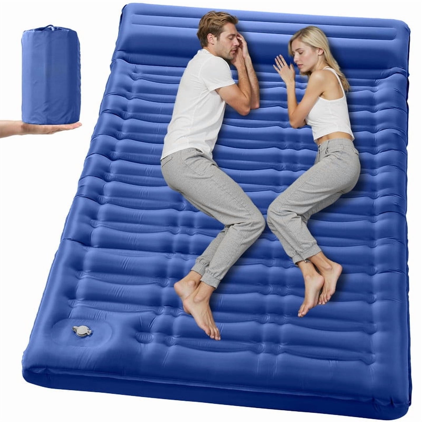 Aship 5.5" Thick Double Sleeping Pad, Inflatable Double Sleeping Mat Camping with Foot Pump & Pillow, 800 lbs Camping Mattress for Backpacking, Hiking, Traveling, Tent, 40D Nylon + TPU Coating, Blue