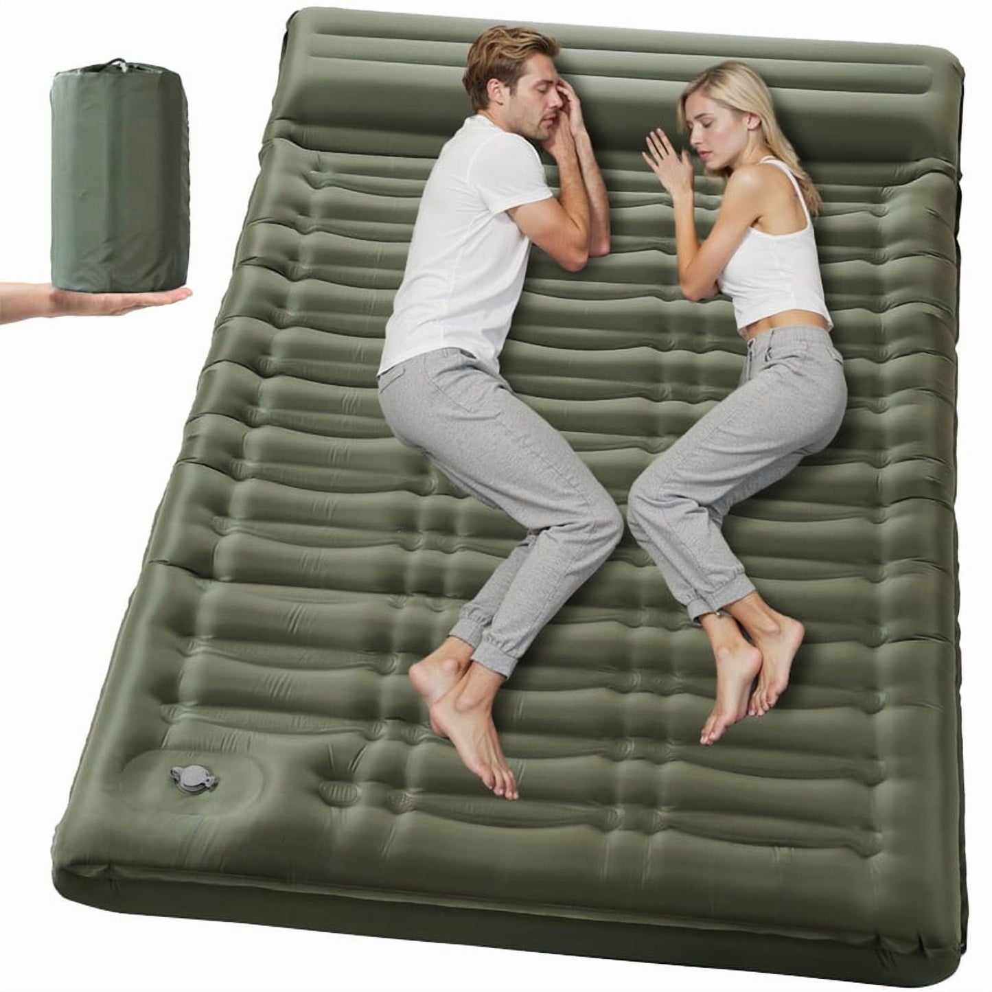 Aship 5.5" Thick Double Sleeping Pad, Inflatable Double Sleeping Mat Camping with Foot Pump & Pillow, 800 lbs Camping Mattress for Backpacking, Hiking, Traveling, Tent, 40D Nylon + TPU Coating, Green