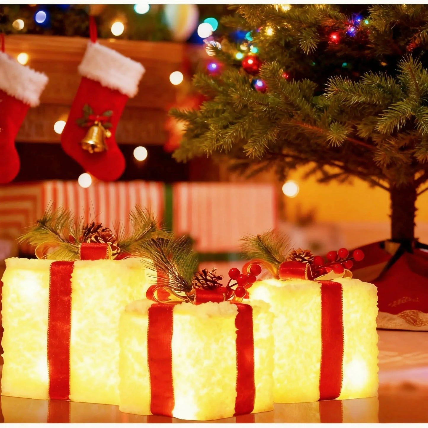 Aship Christmas Lighted Gift Boxes, Set of 3 Lighted UP Gift Boxes with 8 Modes & Timer, Champagne Gold for Indoor Outdoor Tree, Home Holiday Decor