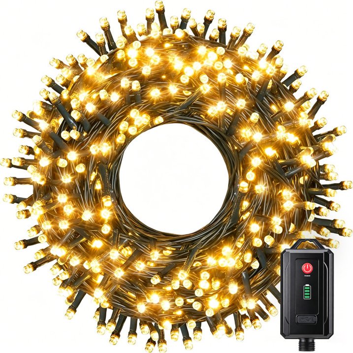 Aship 131ft Bright Christmas Lights Rechargeable, 300 Warm White LED Christmas String Lights with Timer & 8 Modes, IP44 Waterproof Christmas Decorations for Indoor Outdoor Xmas Party Yard Garden