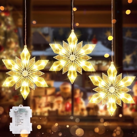 Christmas Snowflakes Window Lights, 3 Pack 36 LEDs Christmas Window Decoration with Timer Memory, Battery Operated Xmas Window Lights Hanging Indoor Decoration