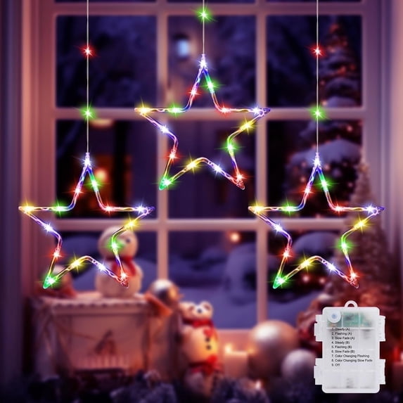 Christmas Window Lights, Color Changing 60LED 3 Stars Christmas Curtain Lights with Timer and 8 Mode, Battery Operated Xmas Star Lights Indoor Outdoor for Bedroom Wall