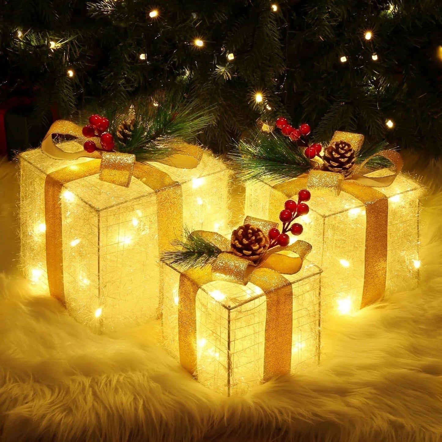 Aship Christmas Lighted Gift Boxes, Set of 3 Lighted UP Gift Boxes with 8 Modes & Timer, Champagne Gold for Indoor Outdoor Tree, Home Holiday Decor