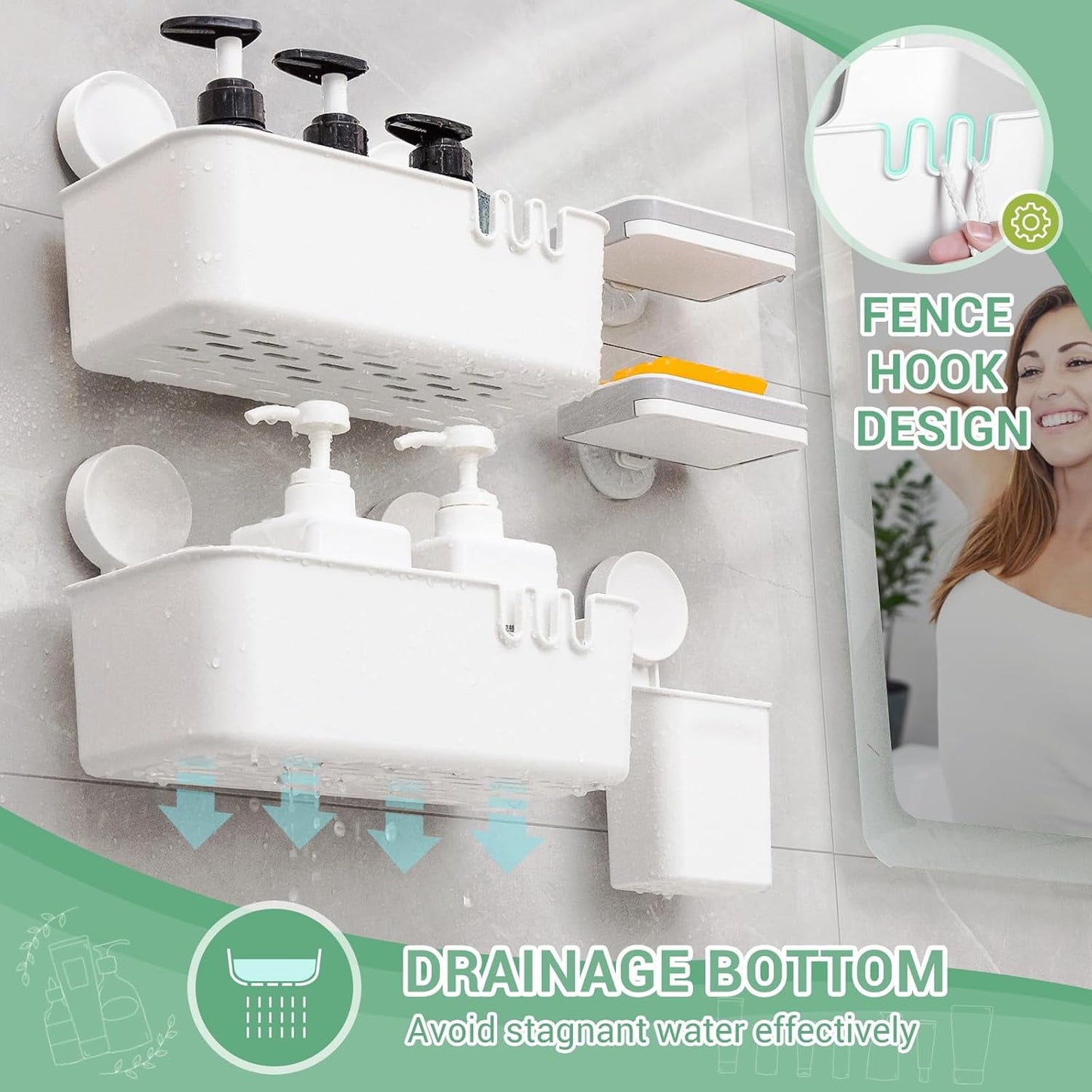Aship Shower Caddy Set, 2 Pack No-Drill Removable Suction Cup Shower Caddy with Toothbrush Holders & 2 Soap Dishes, 22lb Heavy Duty Waterproof Shower Organizer for Bathroom Kitchen, 5 Pack Combo