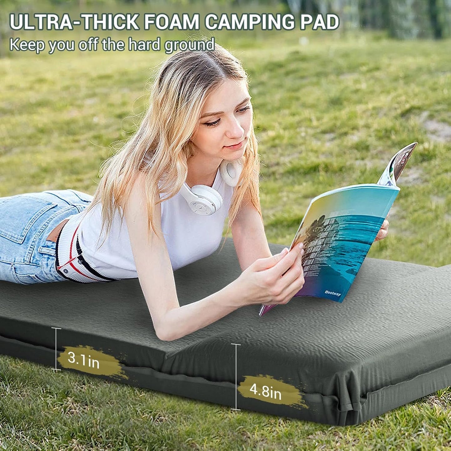 Aship 26D Memory Foam Self Inflating Sleeping Pad, 3.15" Thick Sleeping Mat Camping with Pillow, 800 lbs Camping Mattress, R-Value 9.5 Sleeping Pad for Camping Travel, 27''x77'' Single, Gray