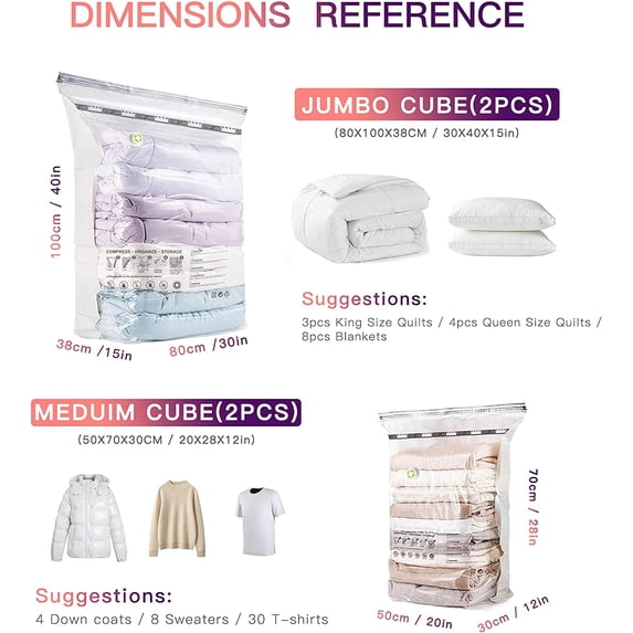 Aship Cube Vacuum Storage Bags, 4 pack Space Saver Bags Combo (2 Jumbo + 2 Medium), Large Capacity Vacuum Seal Bags for Clothing Pillows Comforters Quilts Blankets, Cube Storage Bags for Closet