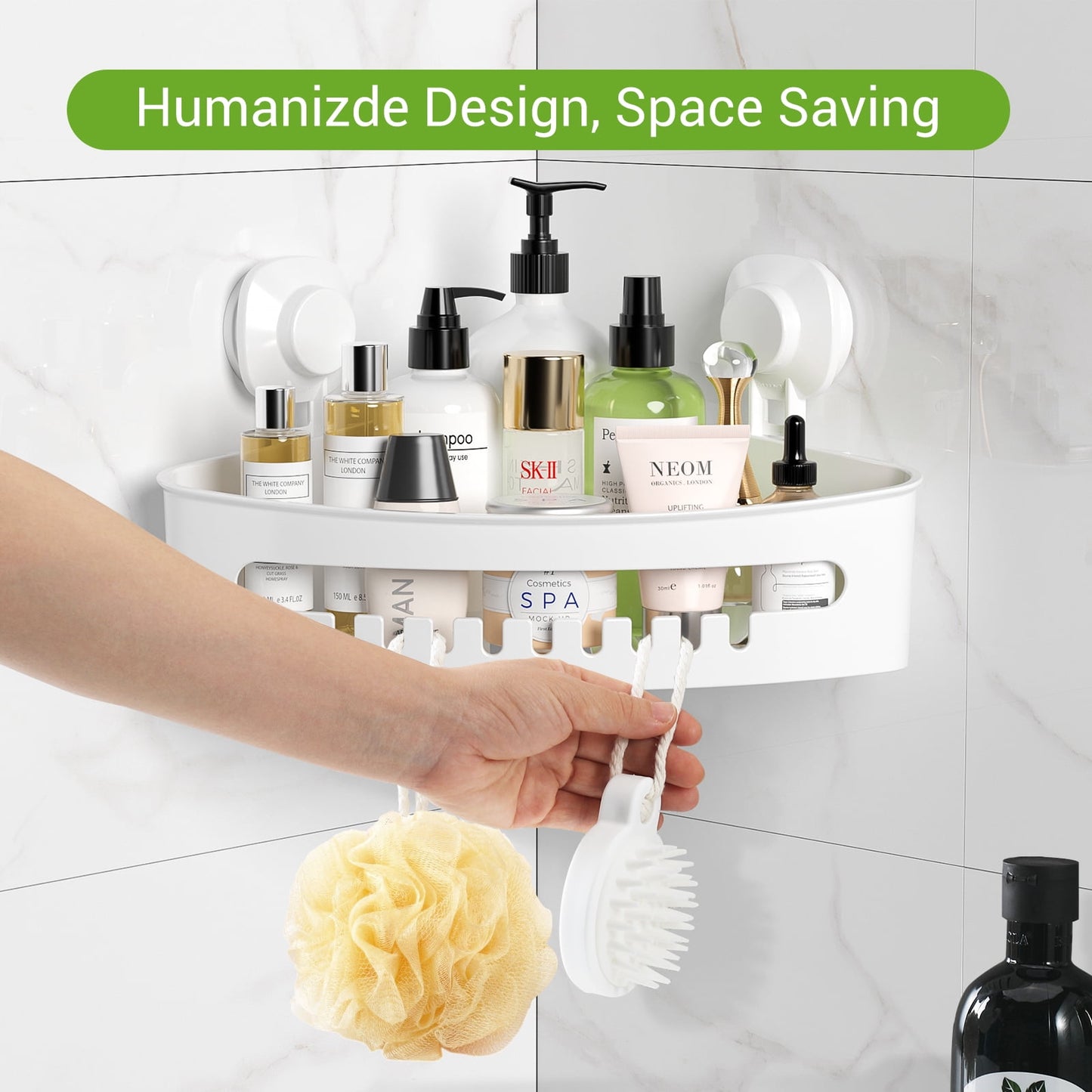 Aship Suction Cup Corner Shower Caddy, No-Drill Removable Shower Organizer with Hook Slots, 22 lbs Heavy Duty Shower Corner Caddy, Waterproof Suction Shower Shelf for Bathroom Kitchen Wall, White