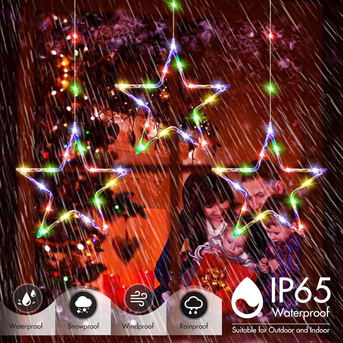 Christmas Window Lights, Color Changing 60LED 3 Stars Christmas Curtain Lights with Timer and 8 Mode, Battery Operated Xmas Star Lights Indoor Outdoor for Bedroom Wall