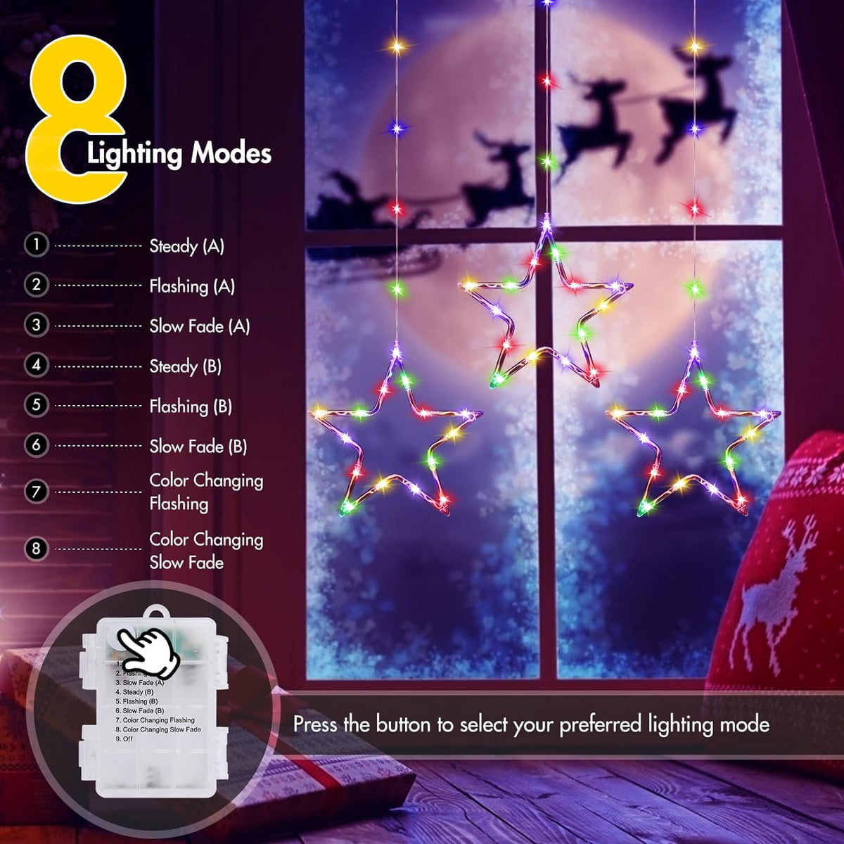 Christmas Window Lights, Color Changing 60LED 3 Stars Christmas Curtain Lights with Timer and 8 Mode, Battery Operated Xmas Star Lights Indoor Outdoor for Bedroom Wall