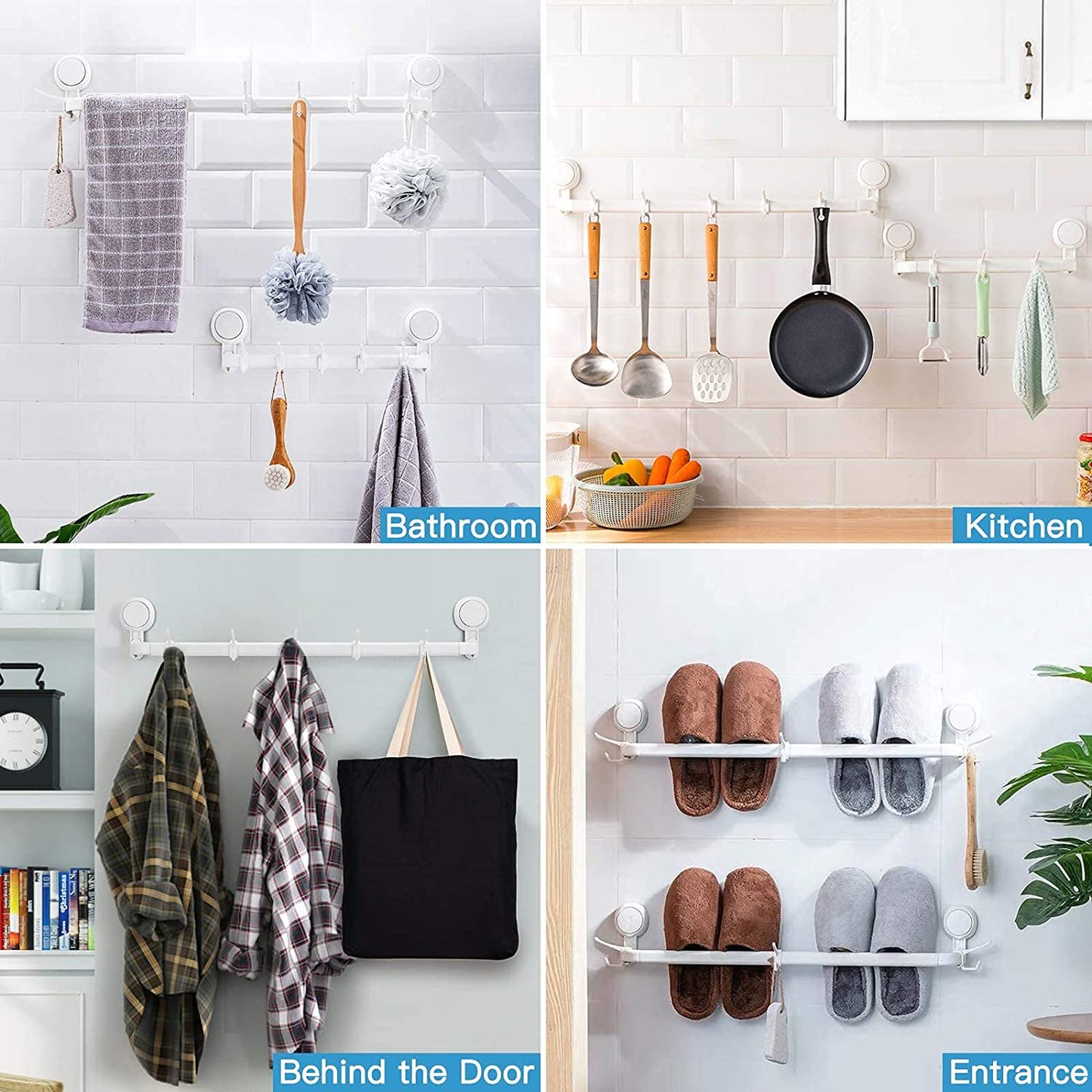 Aship Suction Cup Towel Bar, 24'' Adjustable Bathroom Towel Holder, No-Drill Removable Towel Rack with 5 Sliding Shower Hooks, Towel Racks for Bathroom, Bath Sponges, Loofahs, Suction Towel Rod