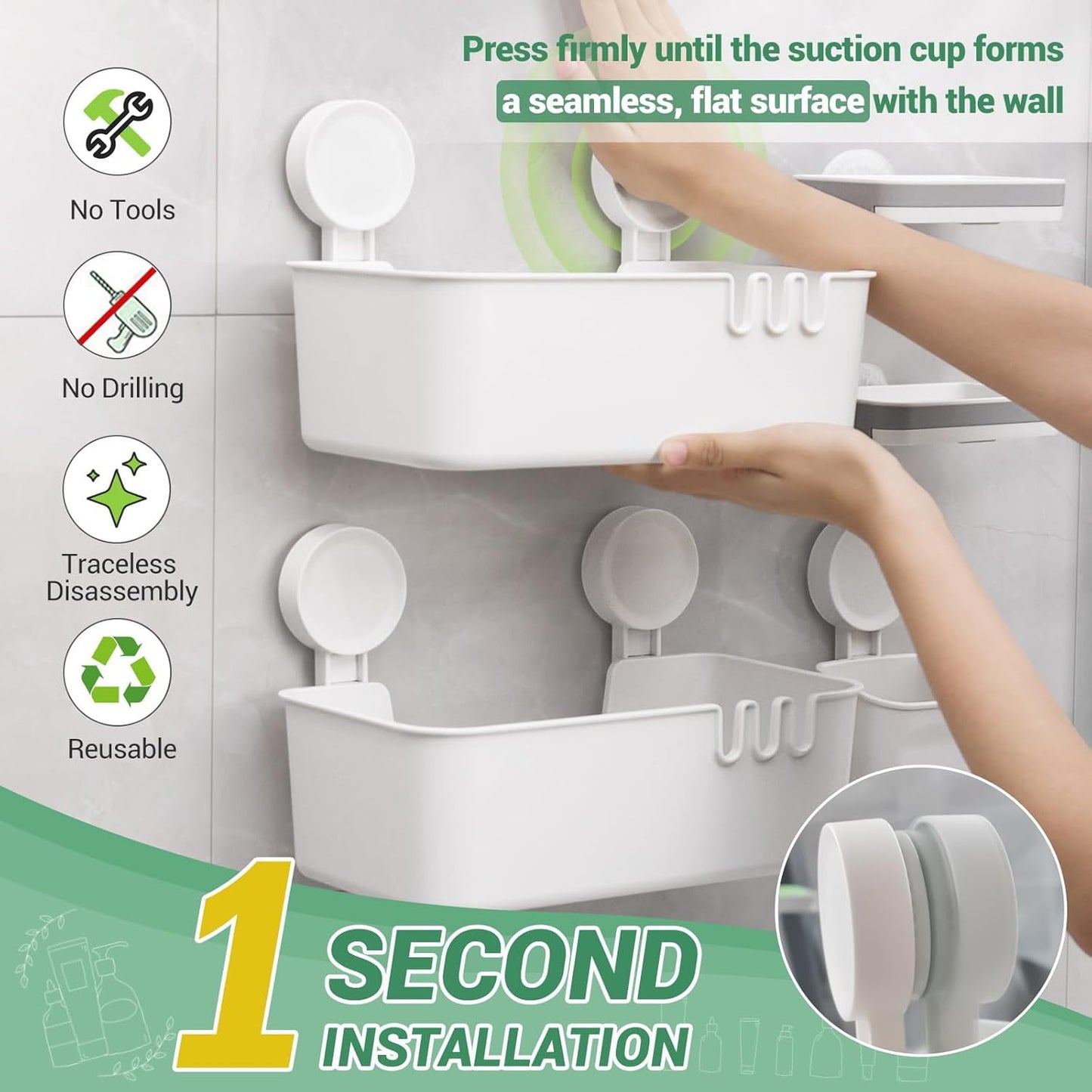 Aship Shower Caddy Set, 2 Pack No-Drill Removable Suction Cup Shower Caddy with Toothbrush Holders & 2 Soap Dishes, 22lb Heavy Duty Waterproof Shower Organizer for Bathroom Kitchen, 5 Pack Combo