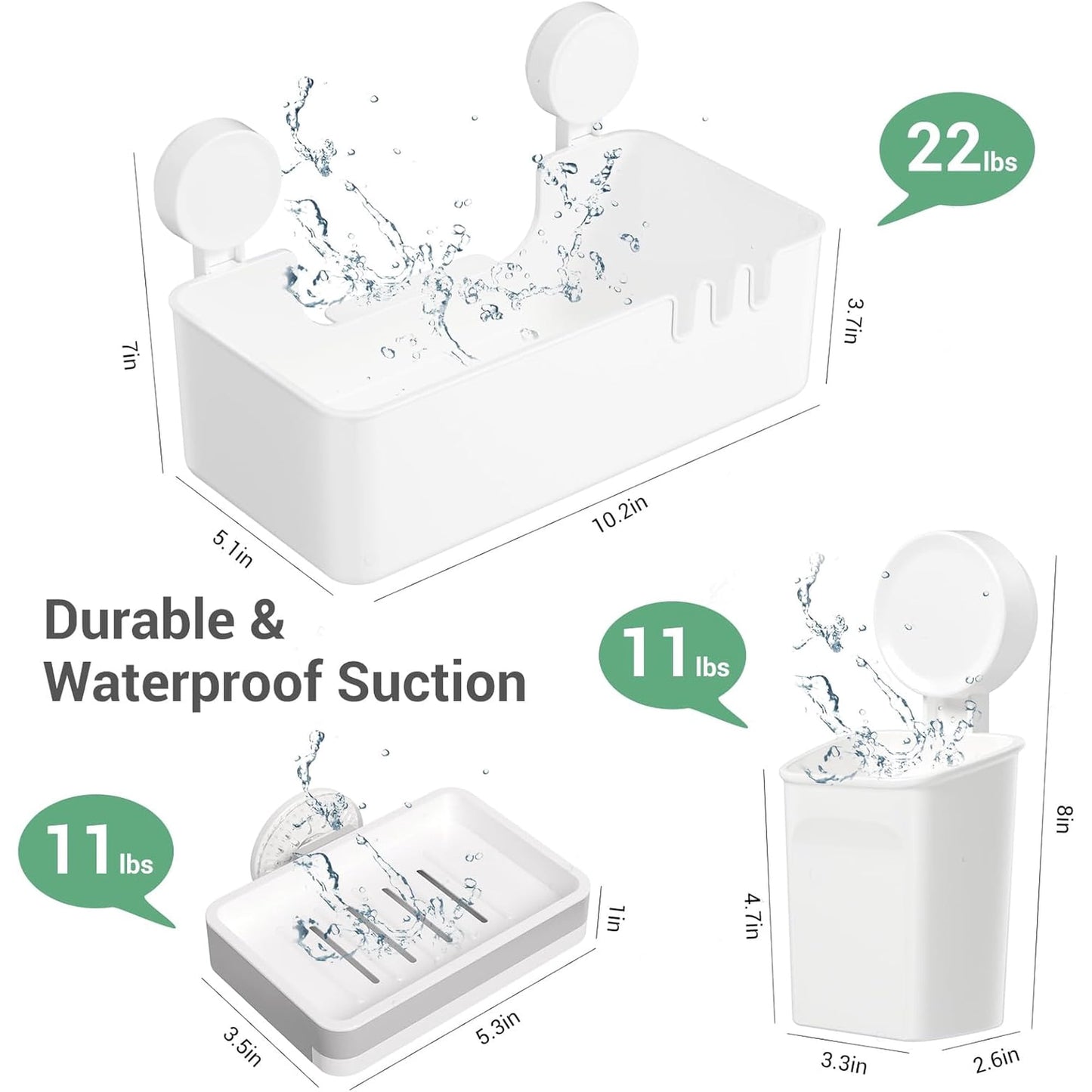 Aship Shower Caddy Set, 2 Pack No-Drill Removable Suction Cup Shower Caddy with Toothbrush Holders & 2 Soap Dishes, 22lb Heavy Duty Waterproof Shower Organizer for Bathroom Kitchen, 5 Pack Combo