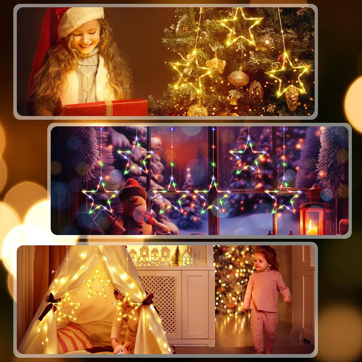 Christmas Window Lights, Color Changing 60LED 3 Stars Christmas Curtain Lights with Timer and 8 Mode, Battery Operated Xmas Star Lights Indoor Outdoor for Bedroom Wall