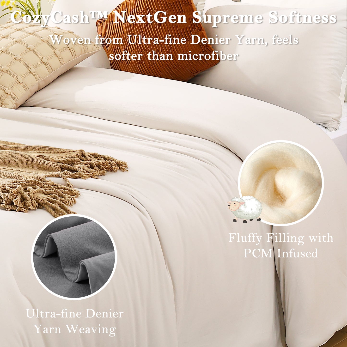 Aship Queen Comforter Set, 3Pcs Cozycash PCM Bedding Set with Temperature Regulating for All Season, Reversible Skin-friendly Bedding, 1Comforter & 2 Pillowcases Beige