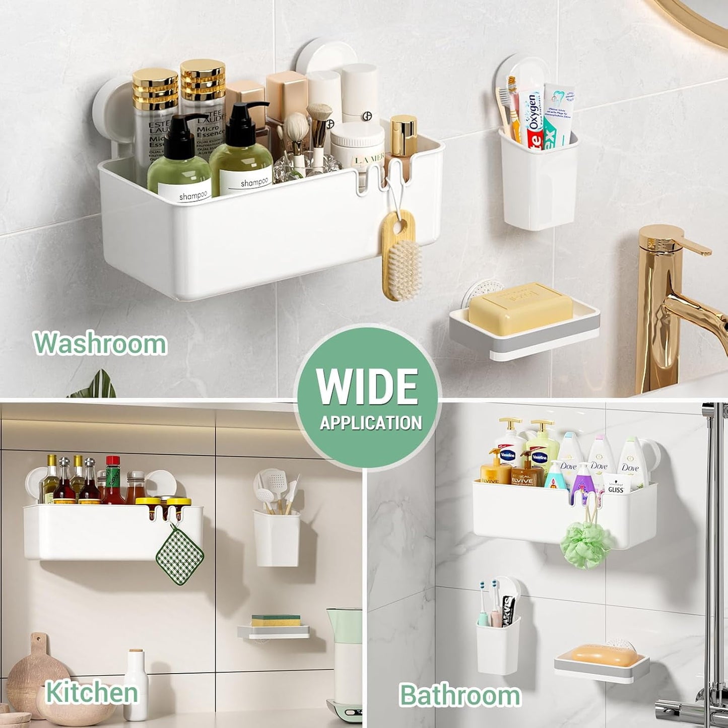 Aship Shower Caddy Set, No-Drill Removable Suction Cup Shower Caddy with Toothbrush Holders & Soap Dish, 22lb Heavy Duty Waterproof Shower Organizer for Bathroom Kitchen, 3 Pack Shower Shelf Combo