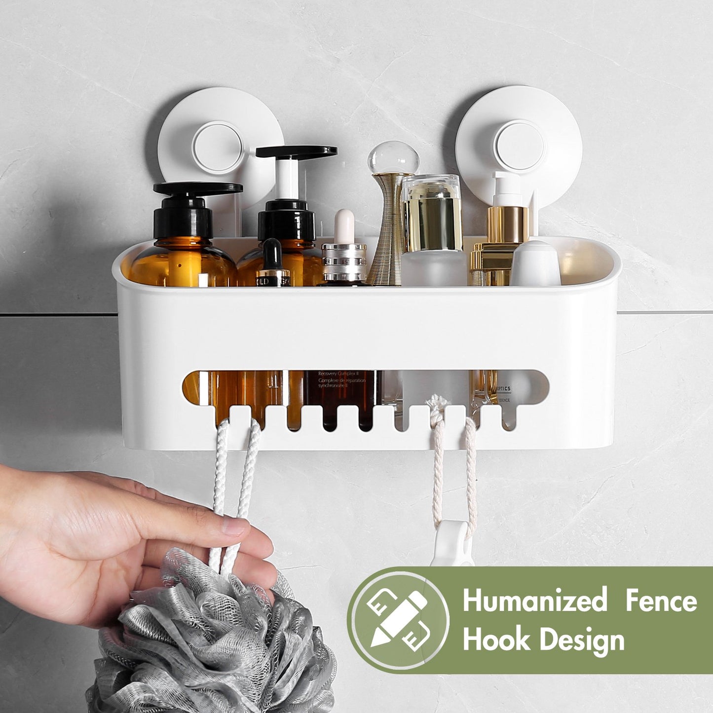 Aship Suction Cup Shower Caddy, TPE Colloid Adhesive Shower Organizer with Fence Hooks, 44 lbs Extra Heavy Duty Shower Caddy, No-Drill Waterproof Shower Shelf for Bathroom Kitchen Wall, White