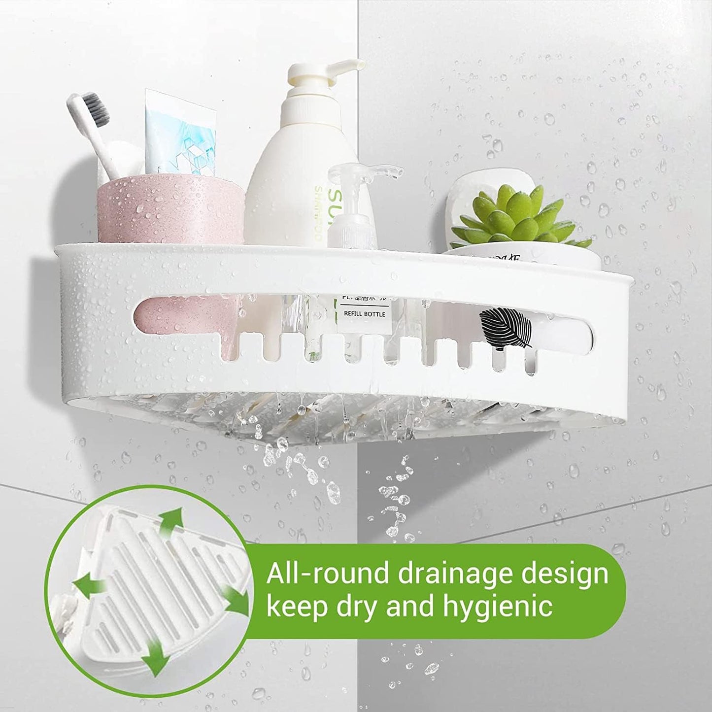 Aship Suction Cup Corner Shower Caddy, No-Drill Removable Shower Organizer with Hook Slots, 22 lbs Heavy Duty Shower Corner Caddy, Waterproof Suction Shower Shelf for Bathroom Kitchen Wall, White
