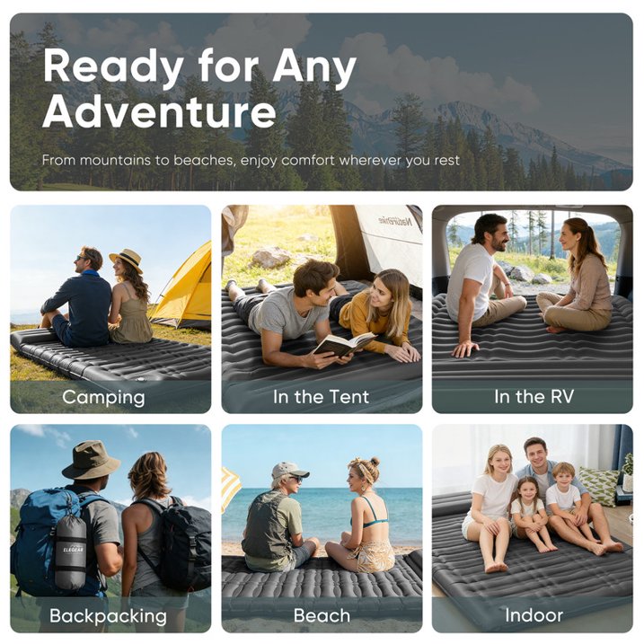 Aship 5.5" Thick Double Sleeping Pad, Inflatable Double Sleeping Mat Camping with Foot Pump & Pillow, 800 lbs Camping Mattress for Backpacking, Hiking, Traveling, Tent, 40D Nylon + TPU Coating, Gray