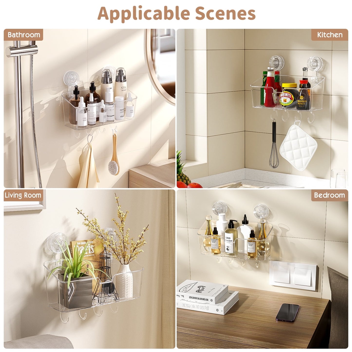 Aship Suction Cup Shower Caddy, No-Drill Removable Shower Organizer with 4 Movable Hooks & Drainage, 22lb Heavy Duty Waterproof Shower Storage for Bathroom Kitchen, Clear Suction Shower Caddy
