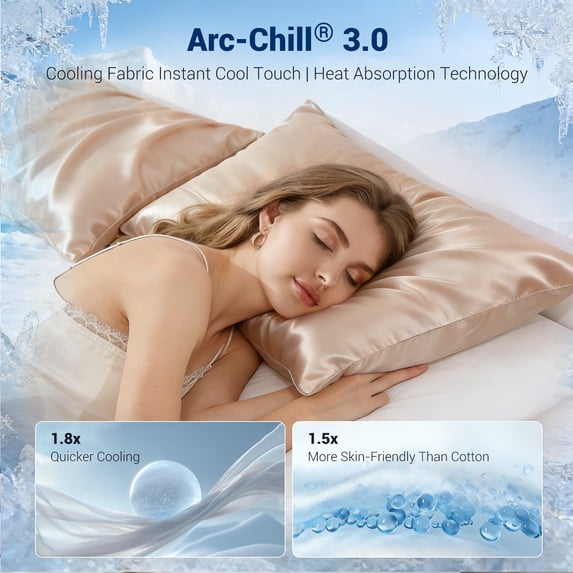 Aship Arc-Chill 3.0 Cooling Pillow Cases, Q-max >0.5 Jade-Infused Silky Pillowcase for Hair & Skin, Breathable & Moisture-Wicking, Hidden Zipper, Machine Washable, Queen 20''x30'', 2 Pack Champagne