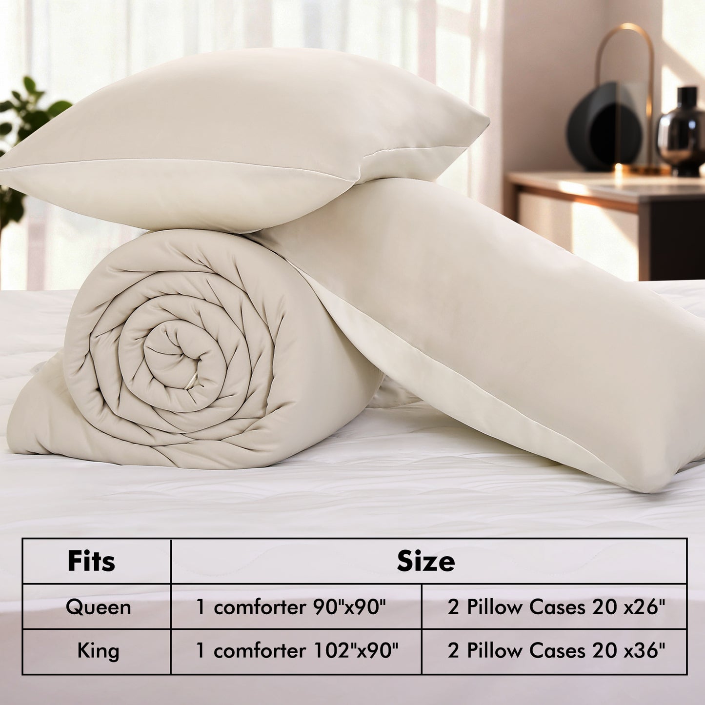Aship Queen Comforter Set, 3Pcs Cozycash PCM Bedding Set with Temperature Regulating for All Season, Reversible Skin-friendly Bedding, 1Comforter & 2 Pillowcases Beige