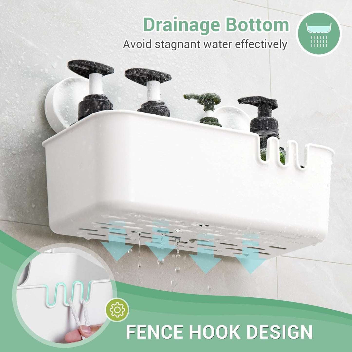Shower Caddy 2 Pack, Aship Suction Cup Shower Caddy, No-Drill Removable Shower Organizer with Hook Slots, 22 lbs Heavy Duty Shower Shelf, Waterproof Bathroom Kitchen Shower Storage, White