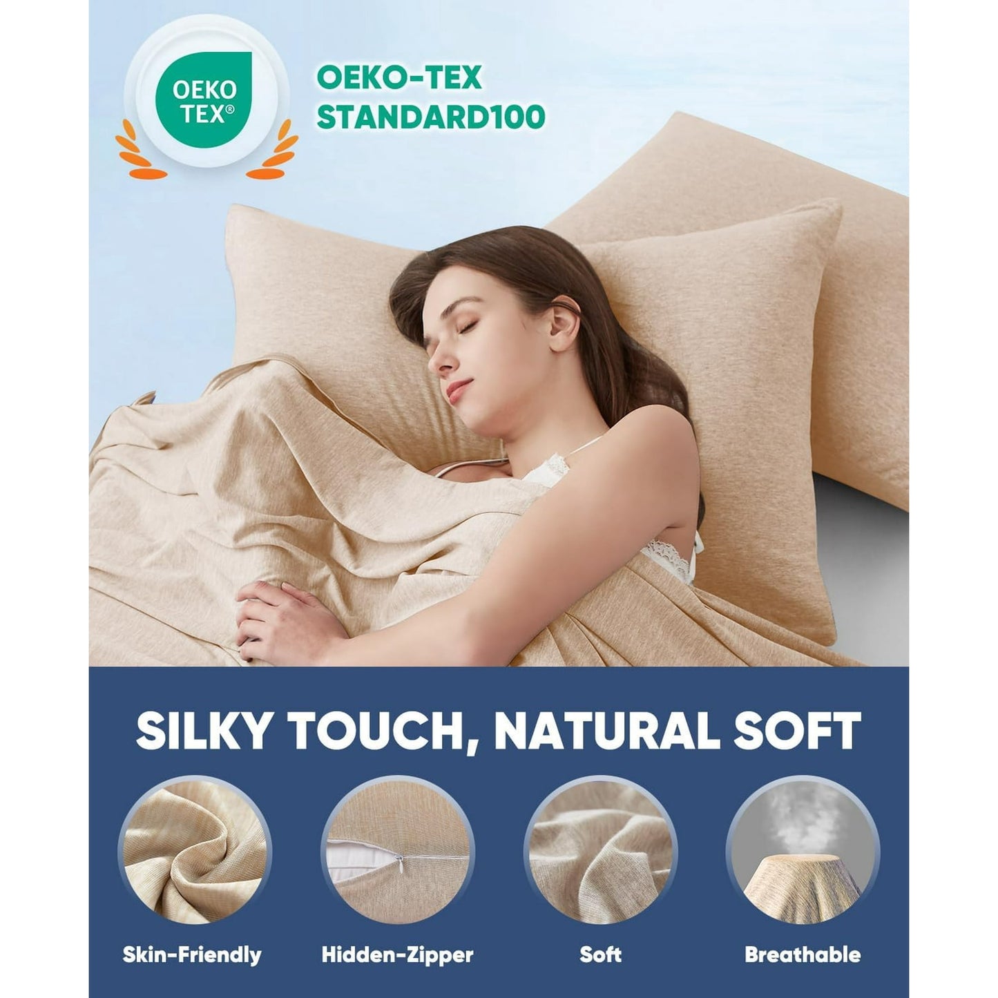 Aship Arc-Chill Cooling Pillow Cases, Q-Max >0.45 Jade-Infused Dual-Sided Summer Cooling Pillowcase, Smoother Skin & Frizz-Free Hair, Hidden Zipper, Machine Washable, King 20''x36'', 2 Pack Beige