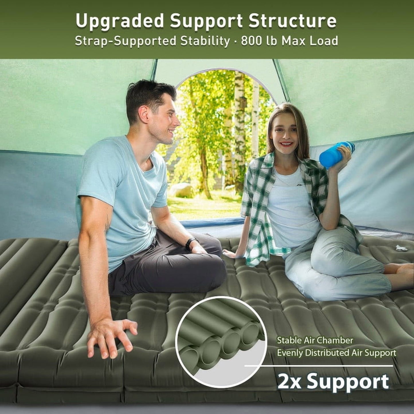Aship 5.5" Thick Double Sleeping Pad, Inflatable Double Sleeping Mat Camping with Foot Pump & Pillow, 800 lbs Camping Mattress for Backpacking, Hiking, Traveling, Tent, 40D Nylon + TPU Coating, Green