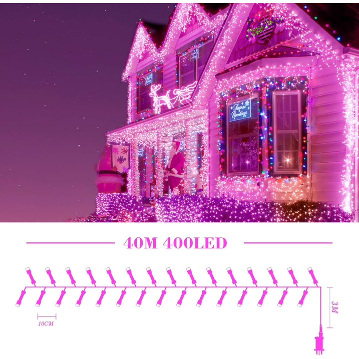 Aship 400LED Christmas Light String, 131Ft Plug in Pink&Cool White Christmas Tree Lights with 8 Modes & Memory, IP44 Waterproof Indoor/Outdoor Decor for Wedding Party